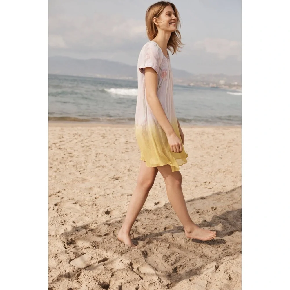 Anthropologie HD Pink And Yellow Floral In Paris Dipped Chroma Swing Dress 8 - Picture 2 of 11